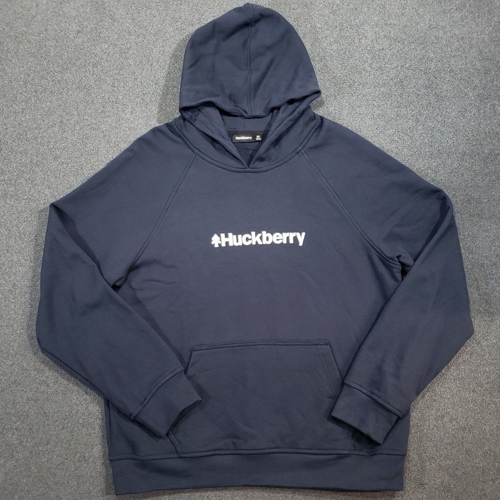 Huckberry Hoodie Mens 2XL Navy Blue Logo Print Pullover Made in USA XXL Heritage